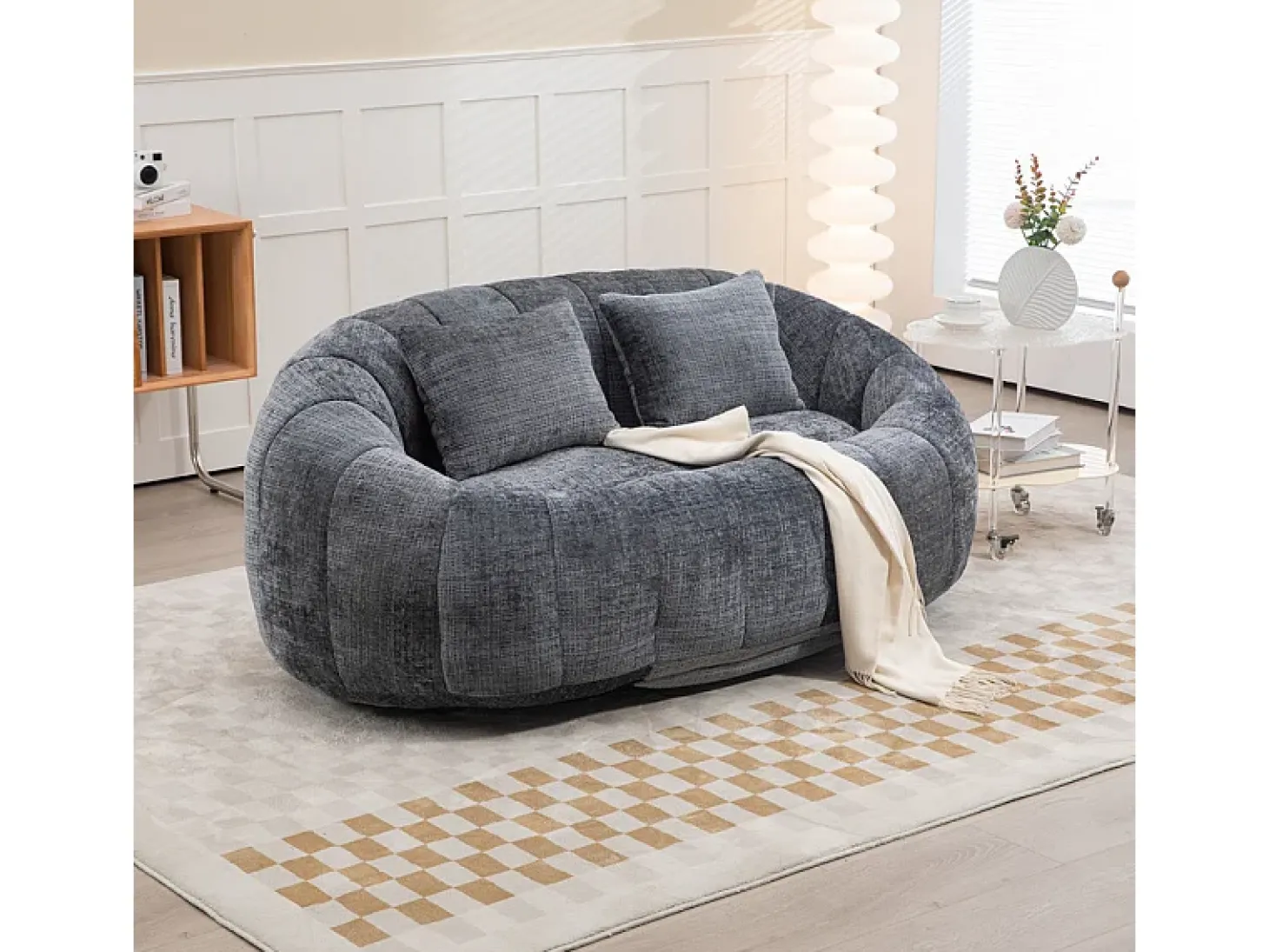 Poltrona Preguiçosa de Chenille - 2 Lugares - com 2 Almofadas - 62cm Profundidade do Assento - Carga Máx. 250kg - Cinza