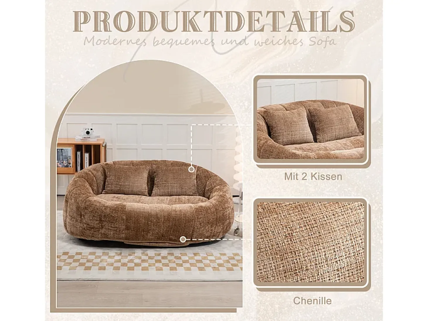 Poltrona Preguiçosa de Chenille - 2 Lugares - com 2 Almofadas - 62cm Profundidade do Assento - Carga Máx. 250kg - Marrom