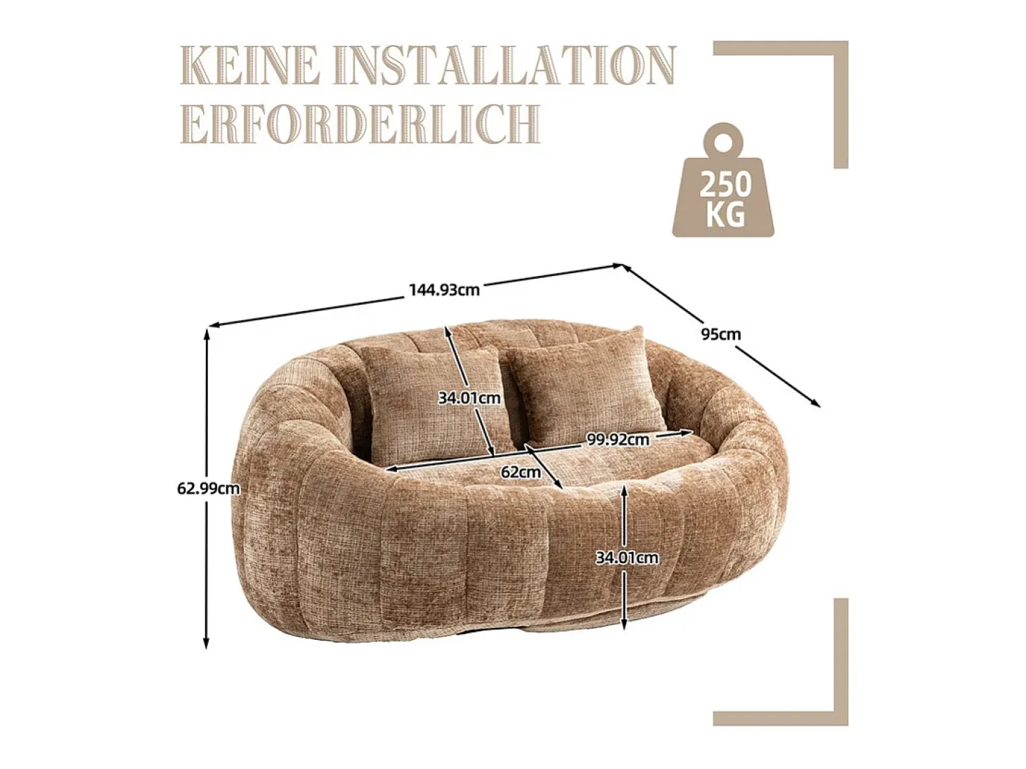 Poltrona Preguiçosa de Chenille - 2 Lugares - com 2 Almofadas - 62cm Profundidade do Assento - Carga Máx. 250kg - Marrom