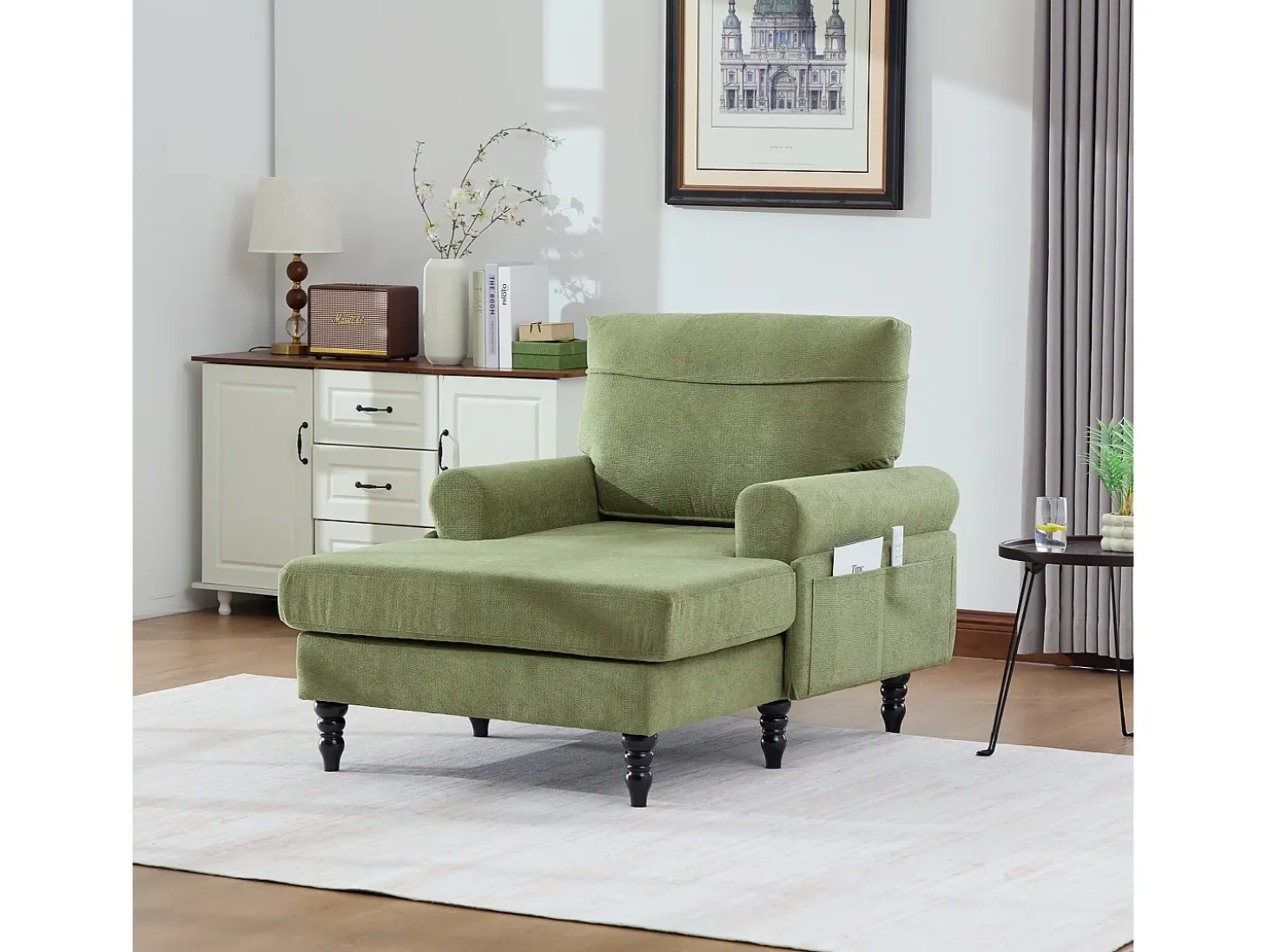 Poltrona relaxante em tecido chenille verde-azeitona - Com bolsos laterais