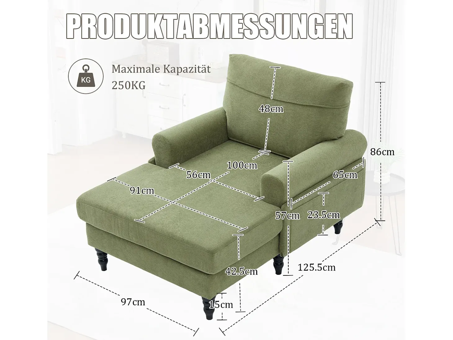 Poltrona relaxante em tecido chenille verde-azeitona - Com bolsos laterais
