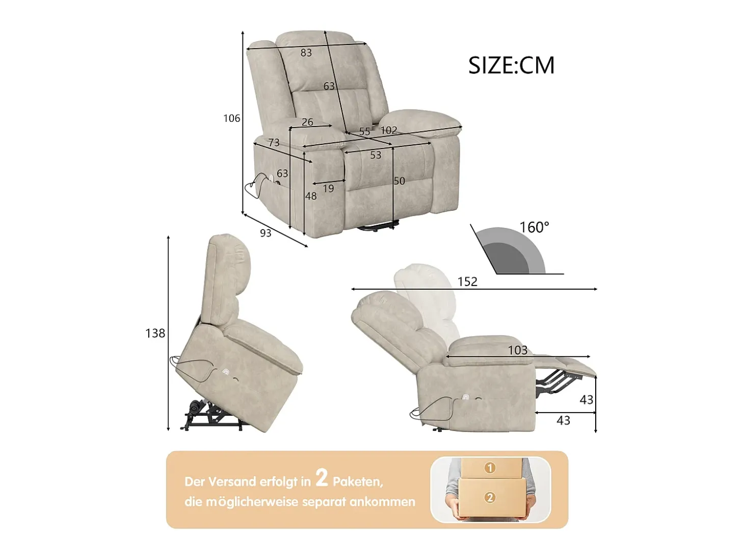 Poltrona relaxante Poltrona de massagem - regulação elétrica, poltrona de massagem com vibrações e calor, bolsas laterais - Castanho