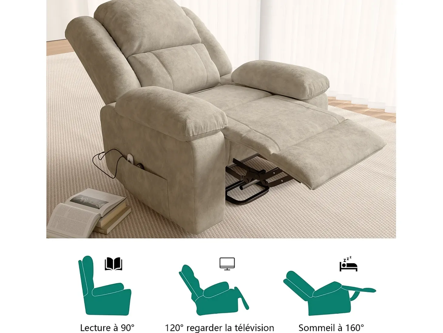 Poltrona relaxante Poltrona de massagem - regulação elétrica, poltrona de massagem com vibrações e calor, bolsas laterais - Castanho
