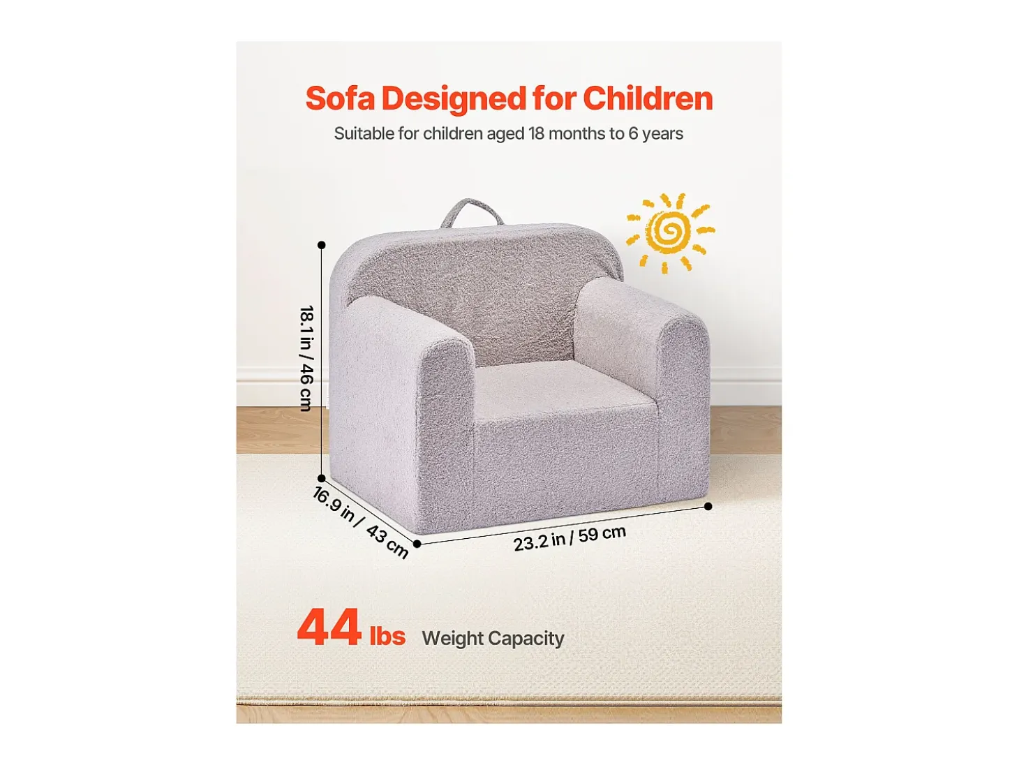 Poltrona SucceBuy para Crianças Confortável, Cadeira Infantil de Espuma com Apoios de Braço e Alça, Sofá para Crianças Removível, em Esponja 28D e Pelúcia