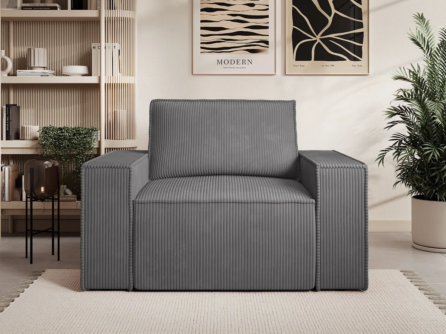 Poltrona veludo canelado cinza antracite estilo design AMELIA