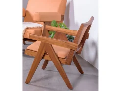 Poltrona vintage com braços em madeira teca e couro italiano - Compass - Conhaque