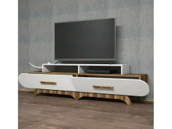 Porta móvelA TV Dpereyr, Aparador de sala, Armário de TV baixo, Base de parede equipada, 205x37h50 cm, Nogueira e Branco