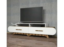 Porta móvelA TV Dpereyr, Aparador de sala, Armário de TV baixo, Base de parede equipada, 205x37h50 cm, Nogueira e Branco