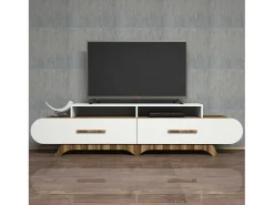 Porta móvelA TV Dpereyr, Aparador de sala, Armário de TV baixo, Base de parede equipada, 205x37h50 cm, Nogueira e Branco