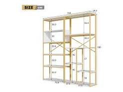 Prateleira de armazenamento moderna em estilo minimalista - 160 x 29,5 x 180 cm - MDF + metal - branco + dourado