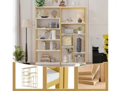 Prateleira de armazenamento moderna em estilo minimalista - 160 x 29,5 x 180 cm - MDF + metal - branco + dourado