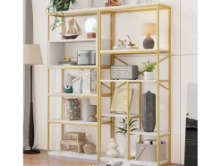 Prateleira de armazenamento moderna em estilo minimalista - 160 x 29,5 x 180 cm - MDF + metal - branco + dourado