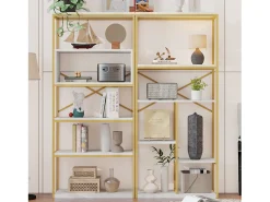 Prateleira de armazenamento moderna em estilo minimalista - 160 x 29,5 x 180 cm - MDF + metal - branco + dourado