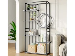 Prateleira de metal - 100 x 30 x 180 cm - tubo de aço maciço - estrutura geométrica - MDF + Metal - branco + preto