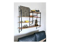Prateleira de Parede Design em Metal Madeira e Preto - 4 Prateleiras YOMI