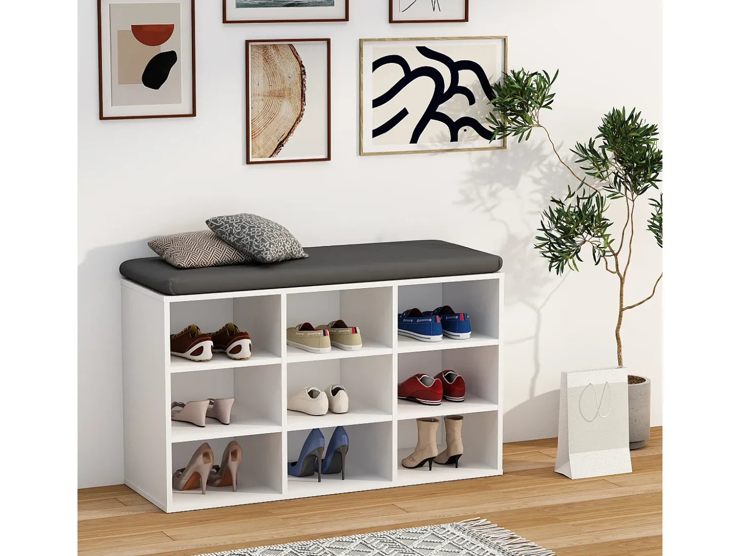 Prateleira de sapato de madeira VCM | Dimensões aprox. A. 50 x L. 80 x P. 30 cm | Sapatilhas com 9 compartimentos | Armário para sapatos - Hinsol XS (Branco)