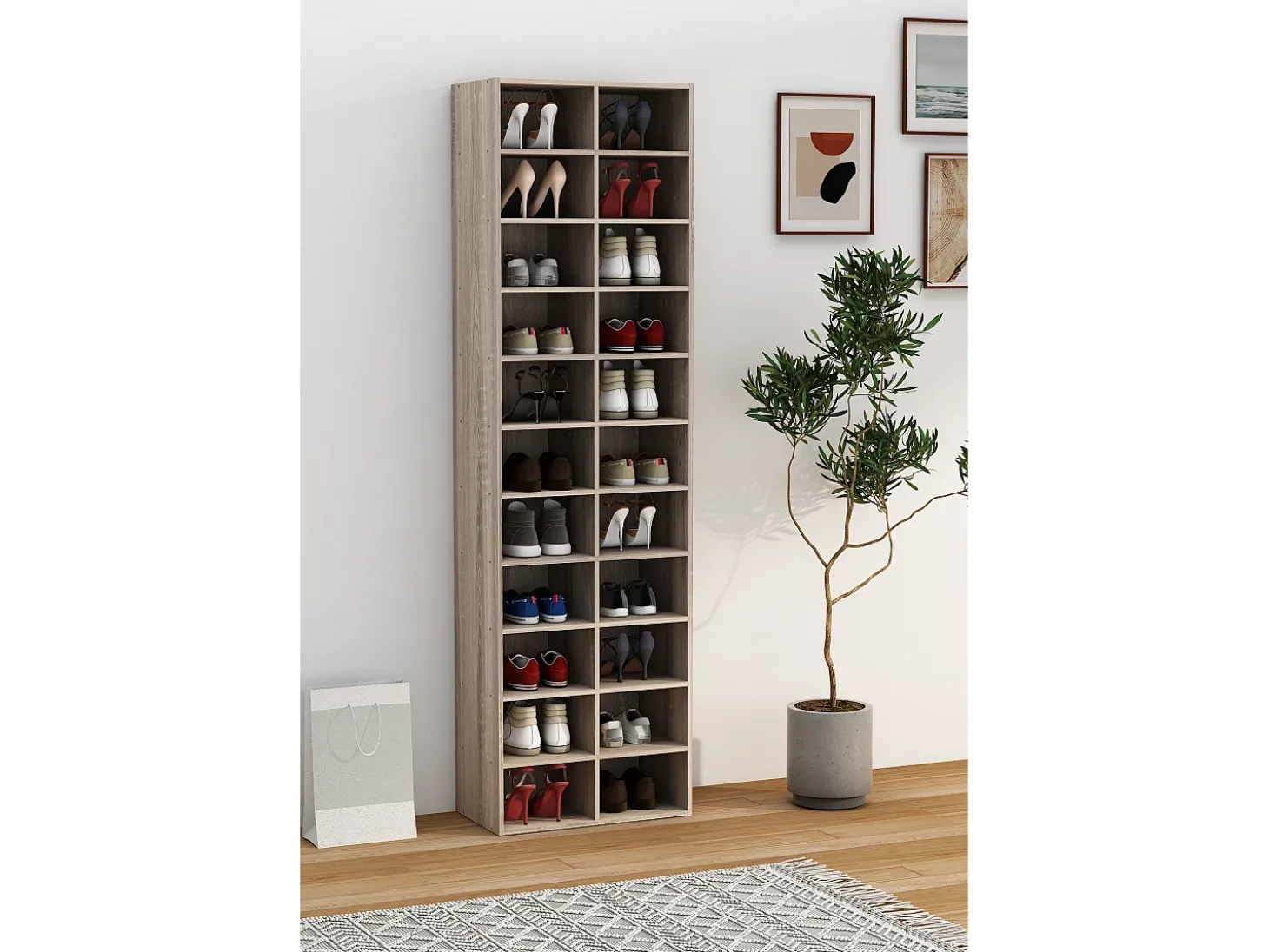 Prateleira de sapato de madeira VCM | Dimensões aprox. A. 183 x L. 52 x P. 30 cm | Sapato com 22 compartimentos | Gabinete de sapato - Hinsol XL (Sonoma oak)
