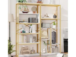Prateleira moderna 160x29,5x180 cm - Prateleiras de vários níveis - Estrutura de tubos de aço e MDF - Forma retangular - Dourado e branco