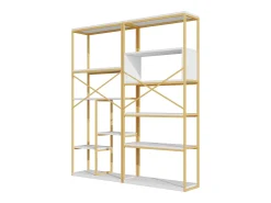 Prateleira moderna 160x29,5x180 cm - Prateleiras de vários níveis - Estrutura de tubos de aço e MDF - Forma retangular - Dourado e branco
