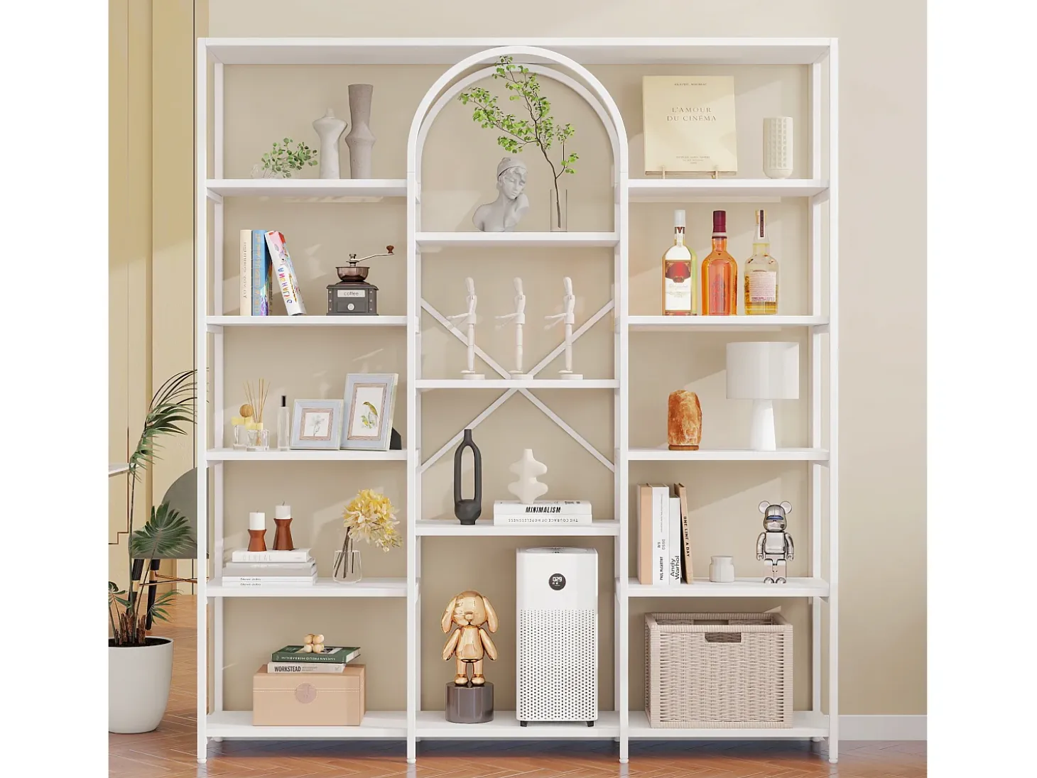 Prateleira moderna 160x30x180 cm - Prateleiras de vários níveis - Tubos de aço + MDF - Design retangular e curvo - Branco