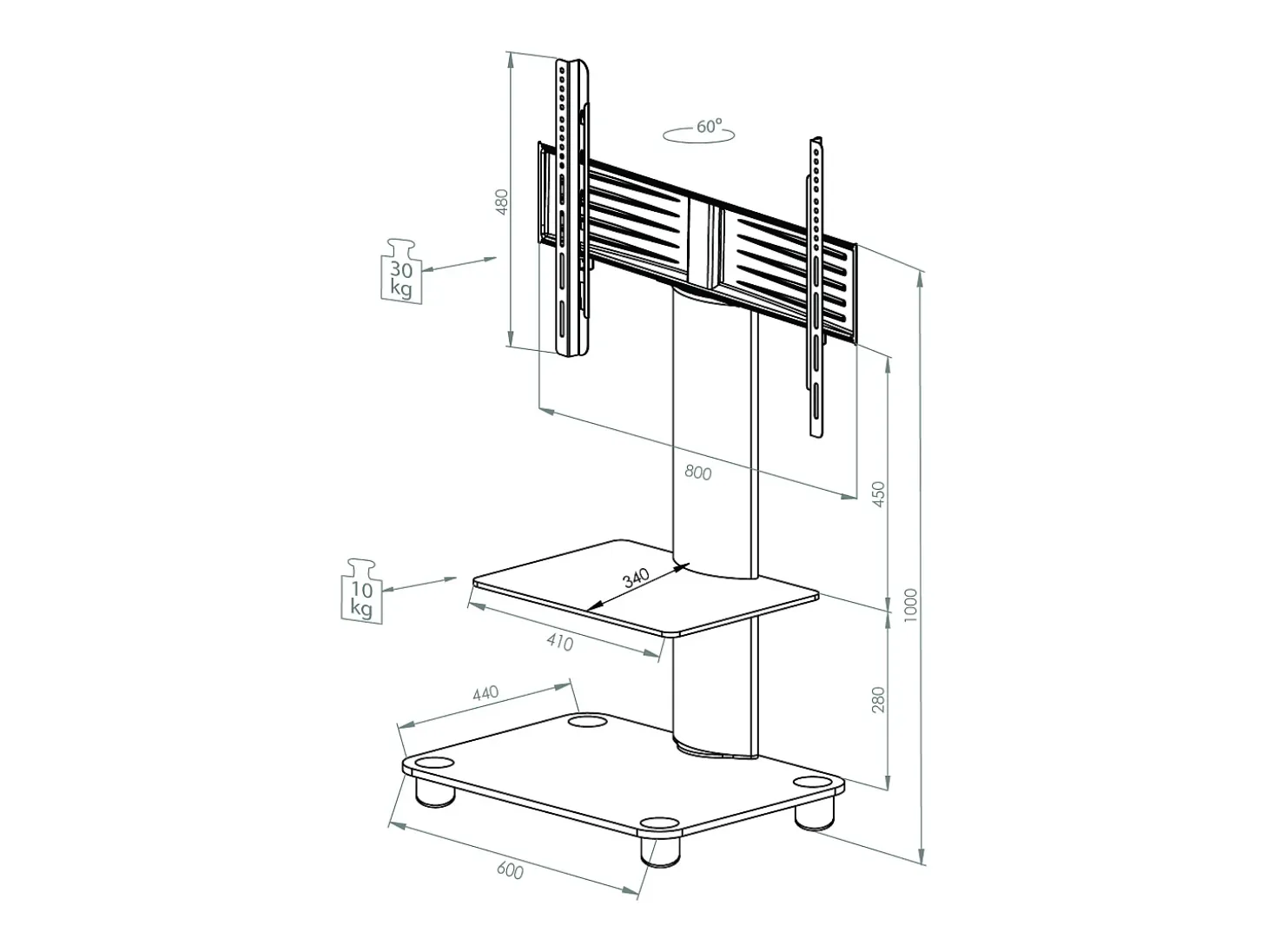Pés de suporte de TV Tosal Vidro preto A. 100 x L. 60 x P. x 44 cm