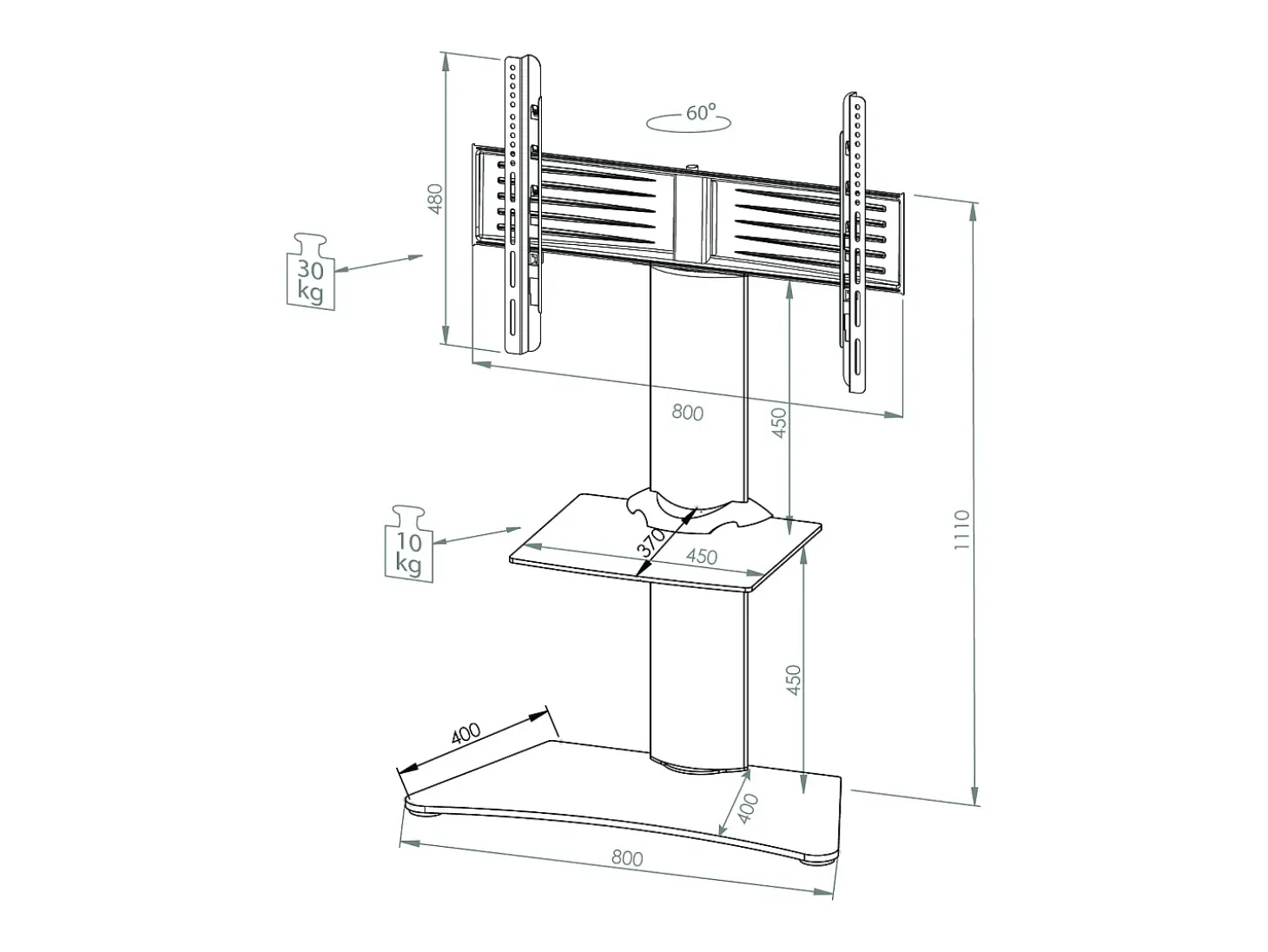 Pés de suporte de TV Zental Vidro fosco A. 111 x L. 80 x D 40 cm