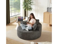 Puff Redondo de Chenille, Espuma Alta Densidade, com 3 Almofadas, Cinza, 127x127x85cm