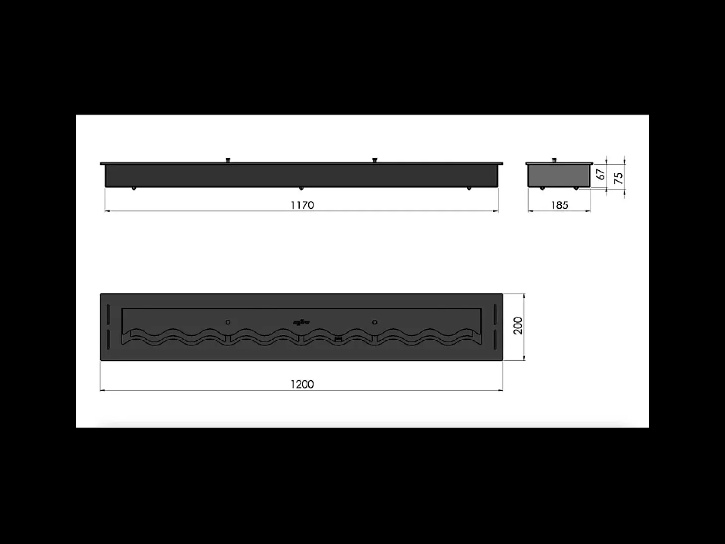 Queimador de bioetanol 120cm em aço inoxidável preto, 5 lt