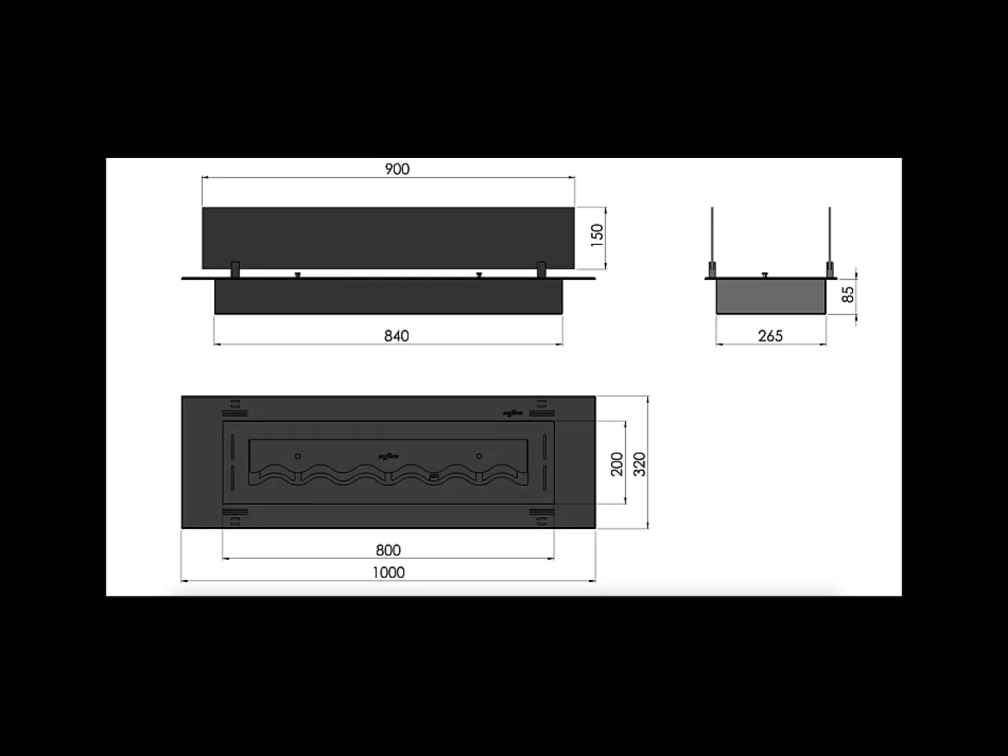 Queimador de bioetanol 100cm em aço inoxidável preto, embutido ou independente, 3 litros com copos incluídos