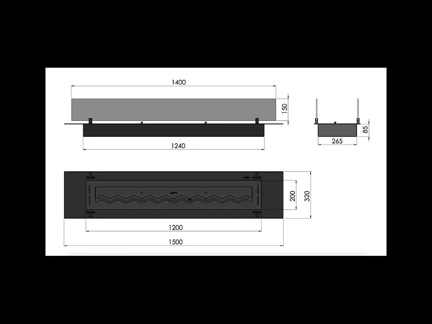 Queimador de bioetanol 150cm em aço inoxidável preto, embutido ou independente, 5 litros com copos incluídos