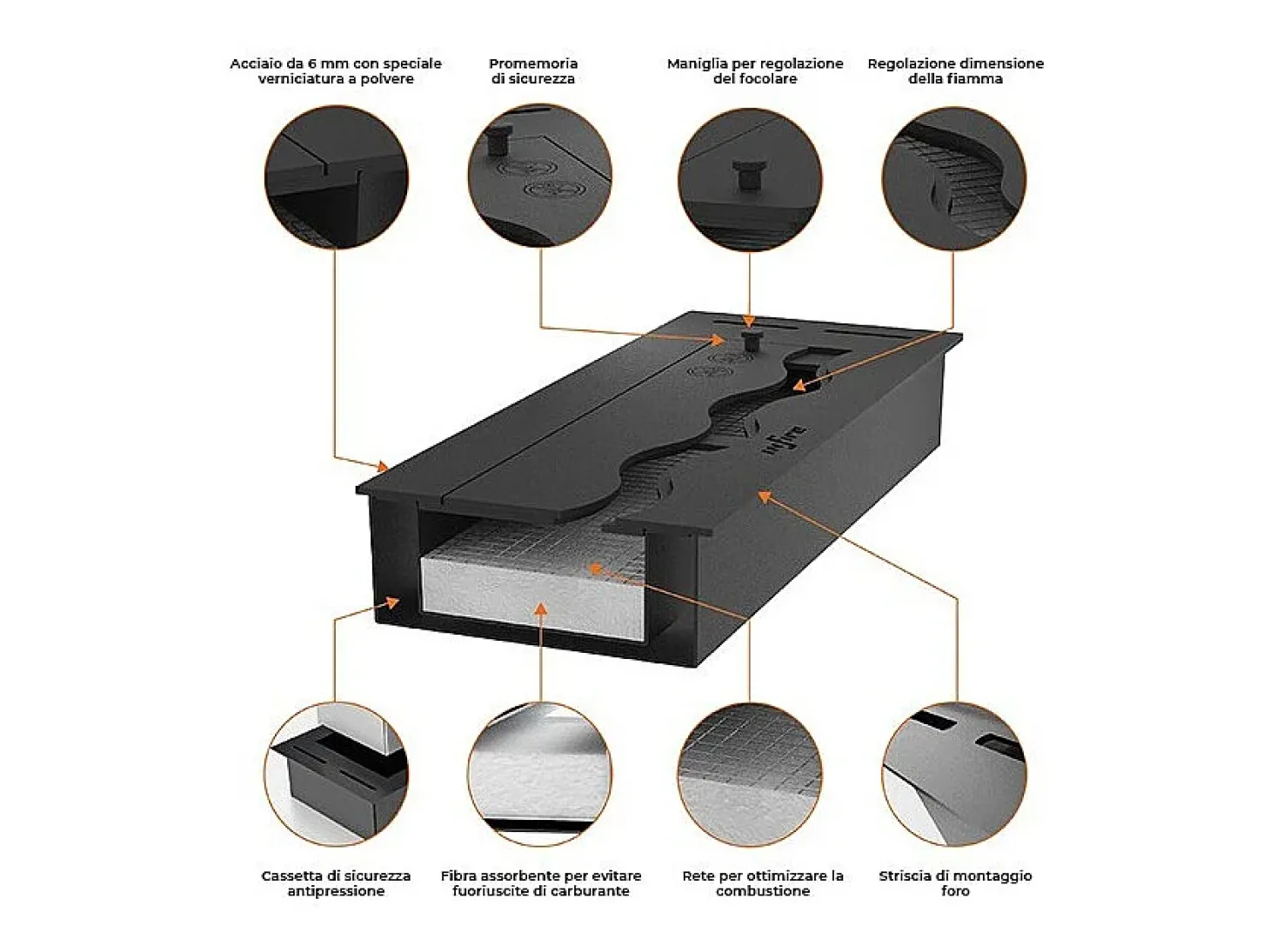 Queimador de inserção de bioetanol preto embutido de 1,2 litros em aço inoxidável 60cm