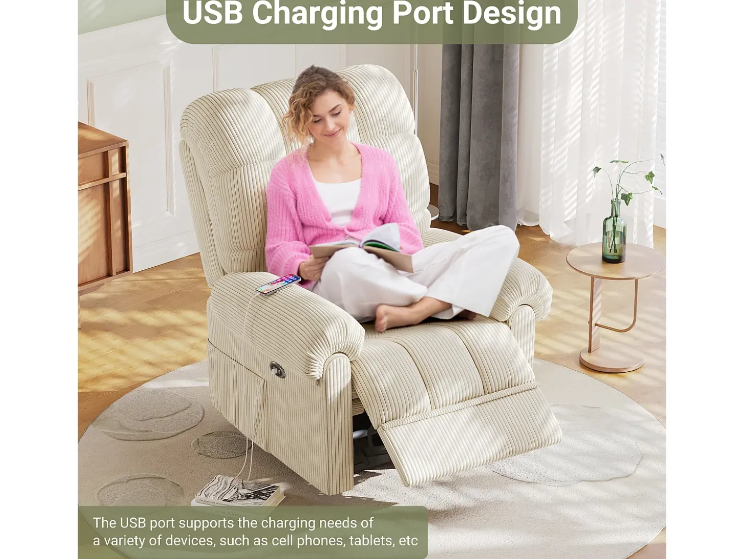 Relax poltrona poltrona poltrona elétrica, cadeira de lazer ajustável com USB, encosto ajustável, anti -estático com apoio para os pés - 96x97x104cm bege bege bege