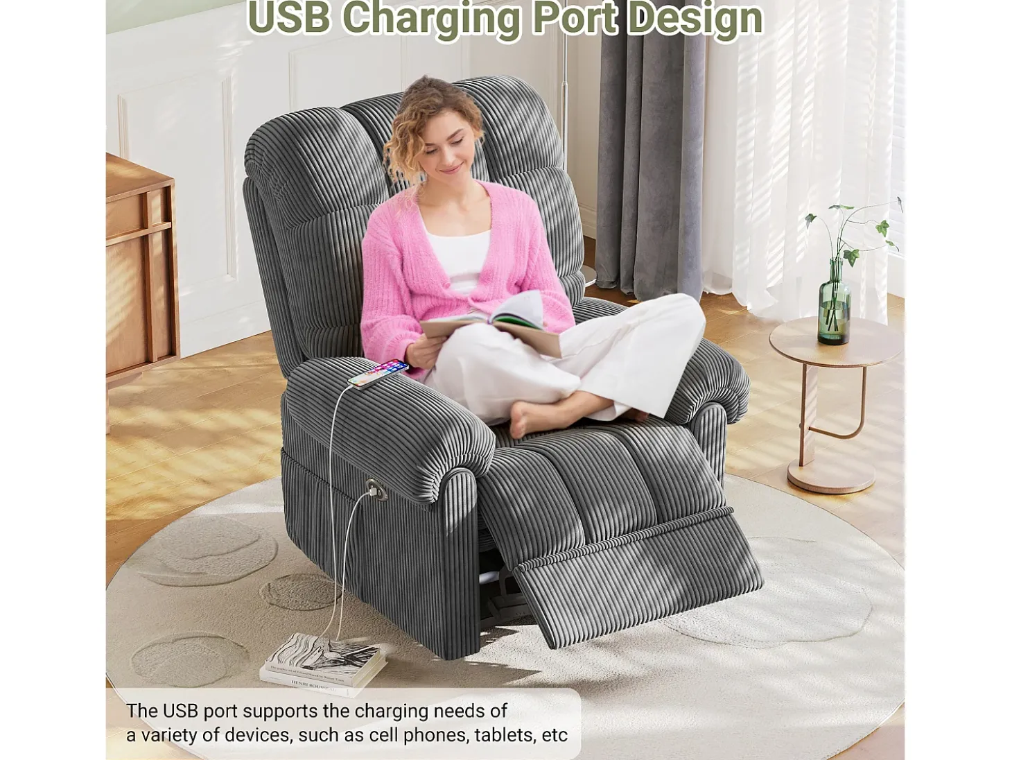 Relaxe a cadeira de veludo elétrica da poltrona, com USB, encosto ajustável, anti -estático com apoio para os pés - 96x97x104cm cinza cinza