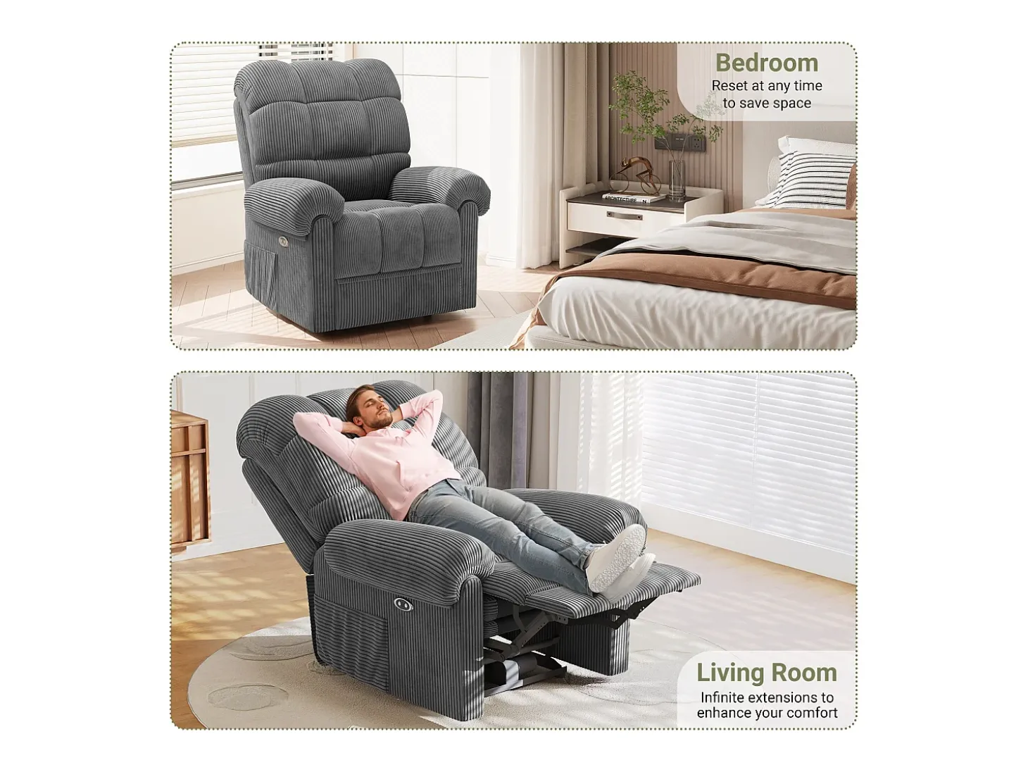 Relaxe a cadeira de veludo elétrica da poltrona, com USB, encosto ajustável, anti -estático com apoio para os pés - 96x97x104cm cinza cinza