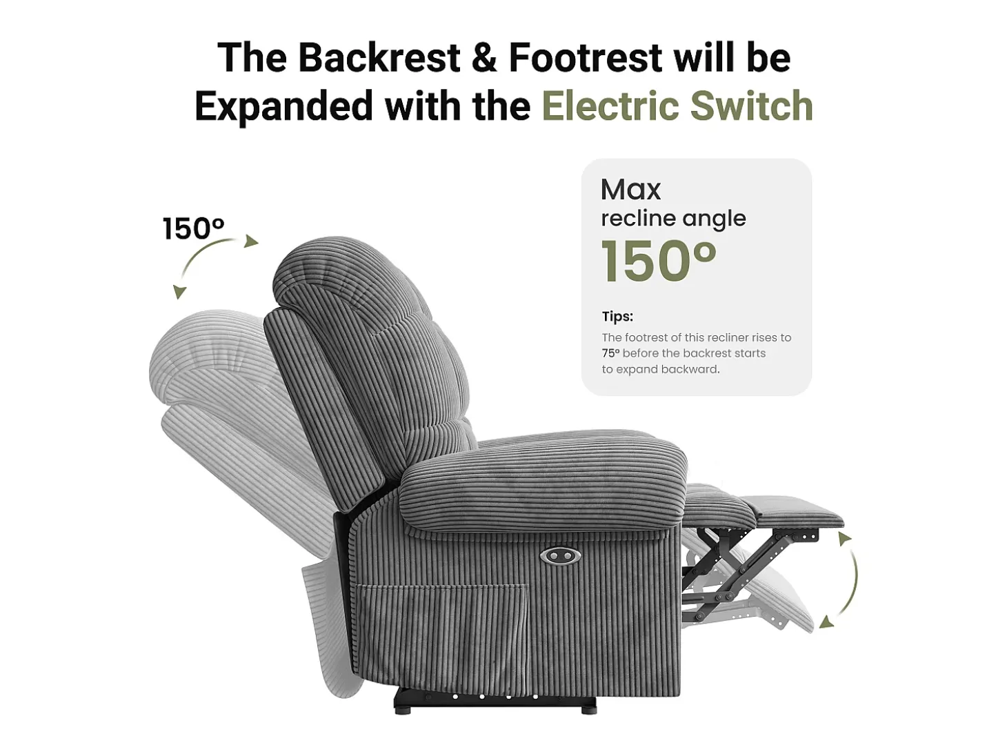 Relaxe a cadeira de veludo elétrica da poltrona, com USB, encosto ajustável, anti -estático com apoio para os pés - 96x97x104cm cinza cinza