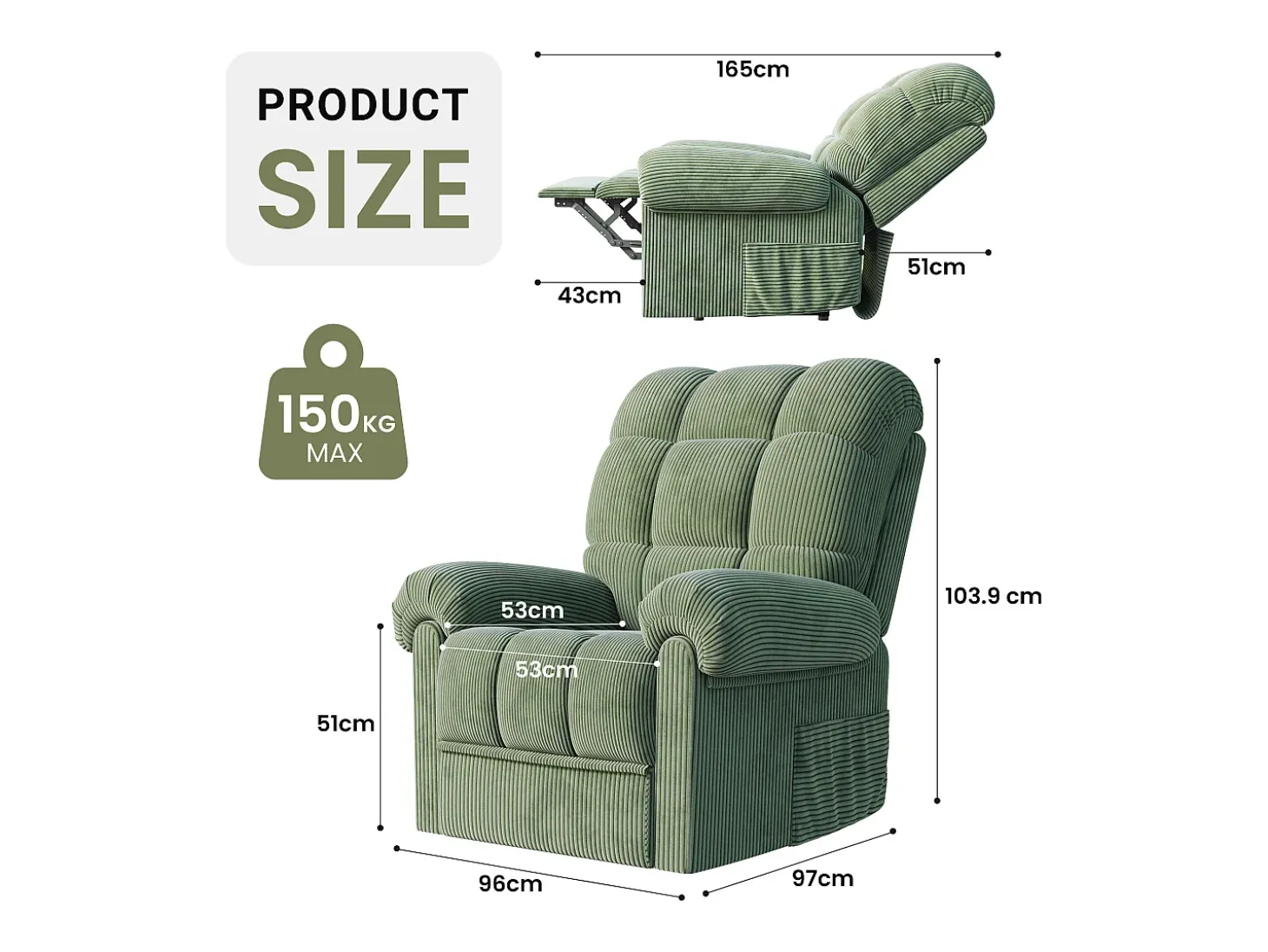 Relaxe a poltrona elétrica de poltrona, cadeira de lazer ajustável com USB, encosto ajustável, anti -estático com apoio para os pés - 96x97x104cm verde