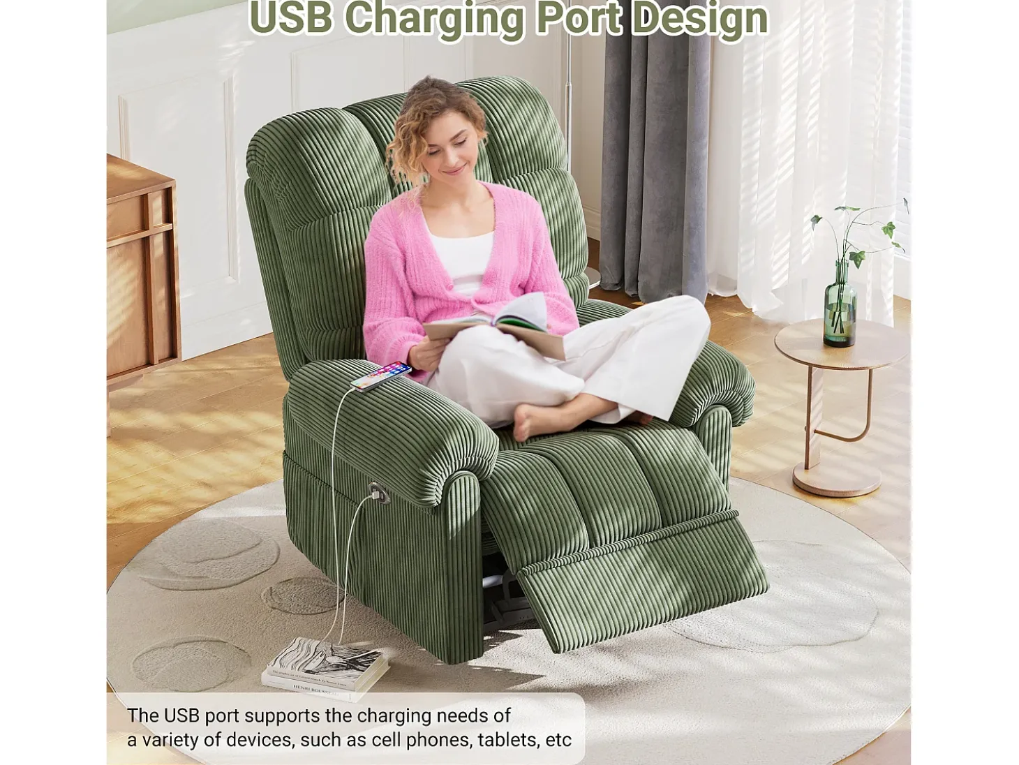 Relaxe a poltrona elétrica de poltrona, cadeira de lazer ajustável com USB, encosto ajustável, anti -estático com apoio para os pés - 96x97x104cm verde
