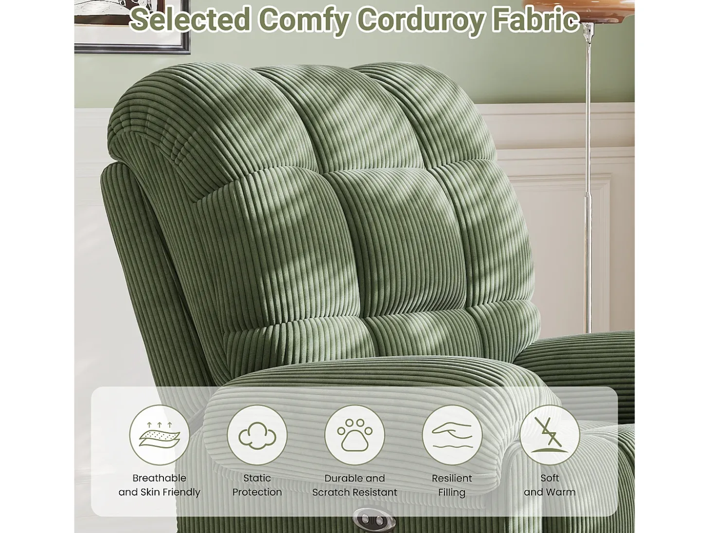 Relaxe a poltrona elétrica de poltrona, cadeira de lazer ajustável com USB, encosto ajustável, anti -estático com apoio para os pés - 96x97x104cm verde