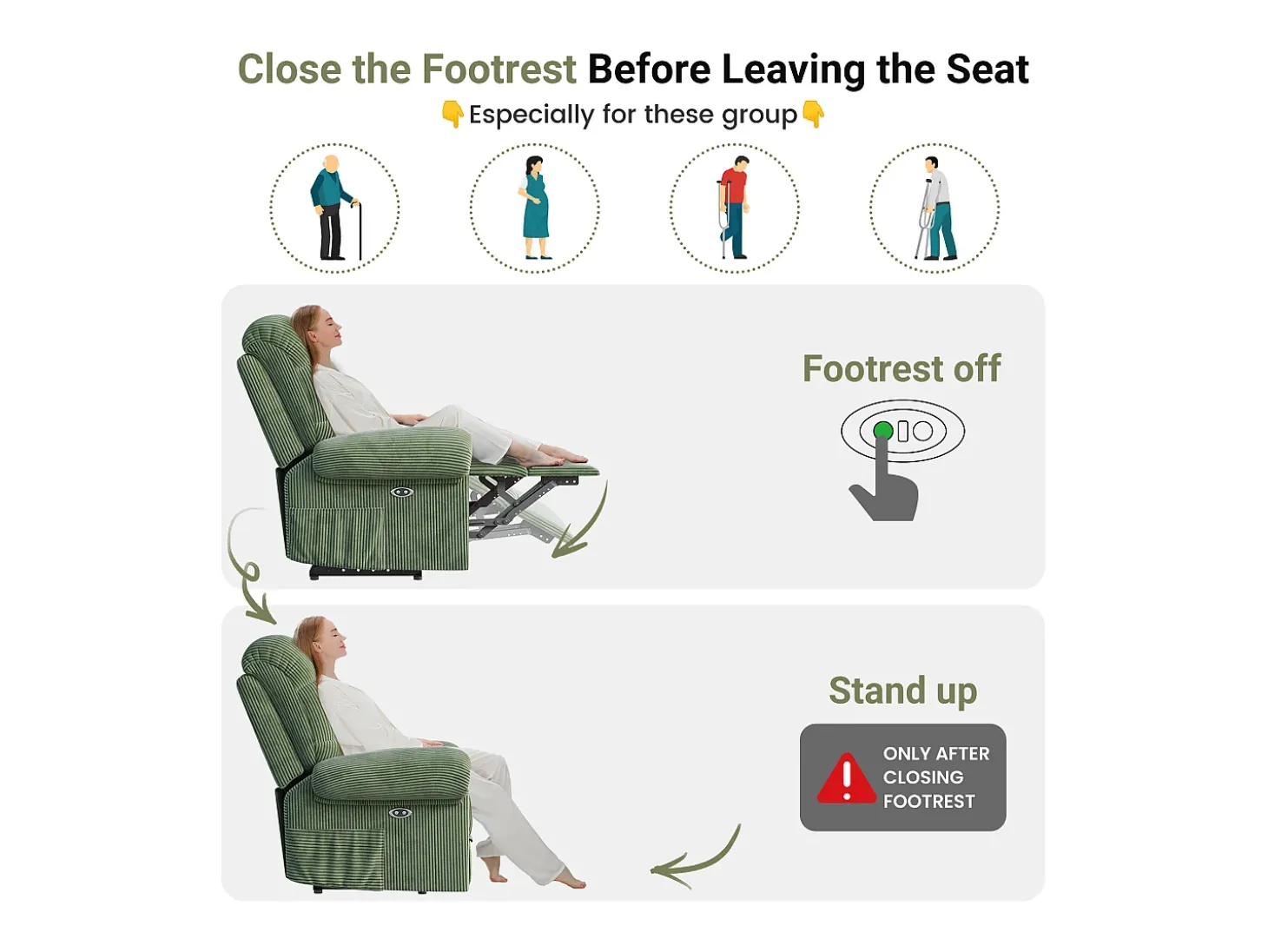 Relaxe a poltrona elétrica de poltrona, cadeira de lazer ajustável com USB, encosto ajustável, anti -estático com apoio para os pés - 96x97x104cm verde
