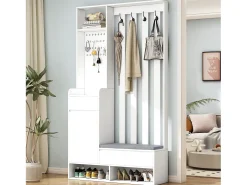 Roupeiro branco com 3 gavetas, 1 porta, 4 ganchos e painel perfurado, 100 x 35 x 180 cm