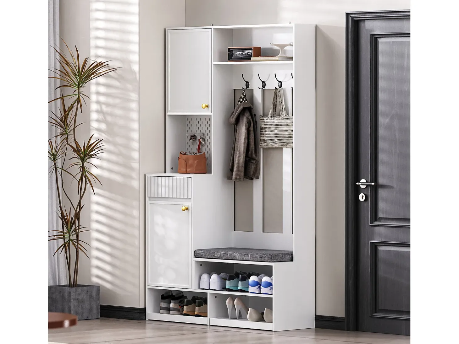 Roupeiro branco com 2 portas, 1 gaveta, 4 ganchos e 1 banco, 100x30x180cm