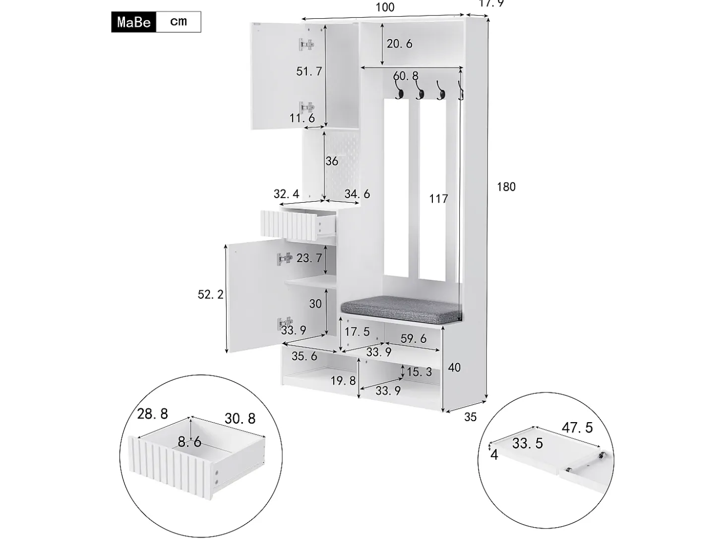 Roupeiro branco com 2 portas, 1 gaveta, 4 ganchos e 1 banco, 100x30x180cm