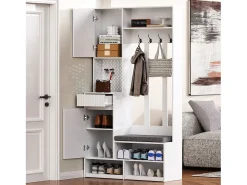 Roupeiro branco com 2 portas, 1 gaveta, 4 ganchos e 1 banco, 100x30x180cm