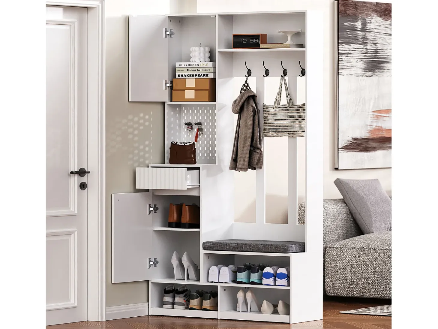 Roupeiro branco com 2 portas, 1 gaveta, 4 ganchos e 1 banco, 100x30x180cm