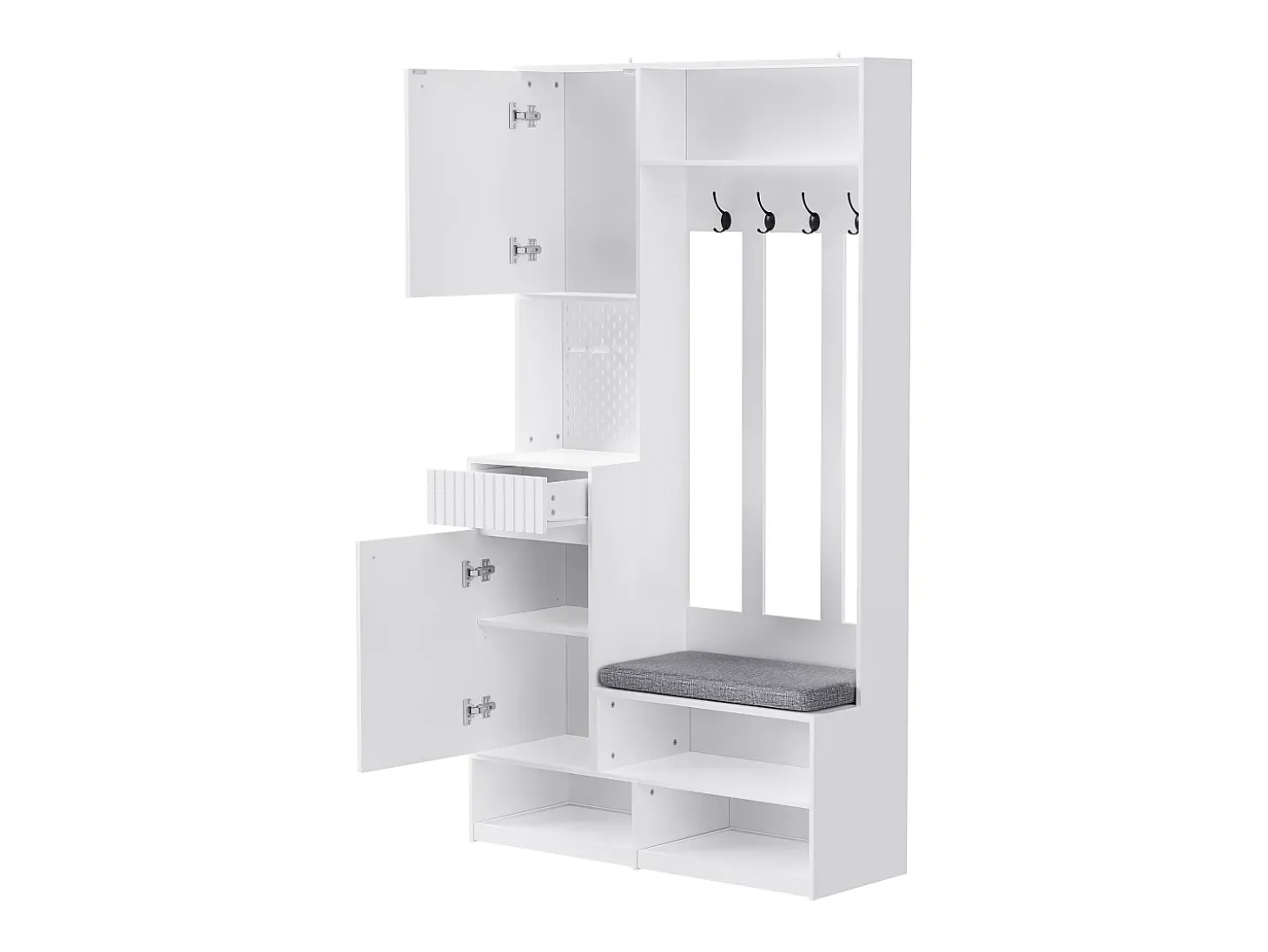 Roupeiro branco com 2 portas, 1 gaveta, 4 ganchos e 1 banco, 100x30x180cm