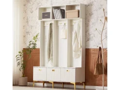 Roupeiro branco com 3 portas e 6 ganchos, pés dourados, 120 x 40 x 191,5 cm