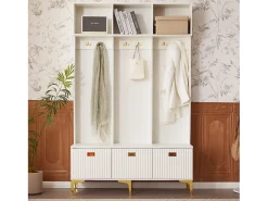Roupeiro branco com 3 portas e 6 ganchos, pés dourados, 120 x 40 x 191,5 cm