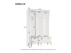 Roupeiro branco com 3 portas e 6 ganchos, pés dourados, 120 x 40 x 191,5 cm