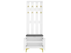 Roupeiro branco com 2 portas, sapateira e almofada, ganchos, pés dourados 60,5x35,2x180,5cm