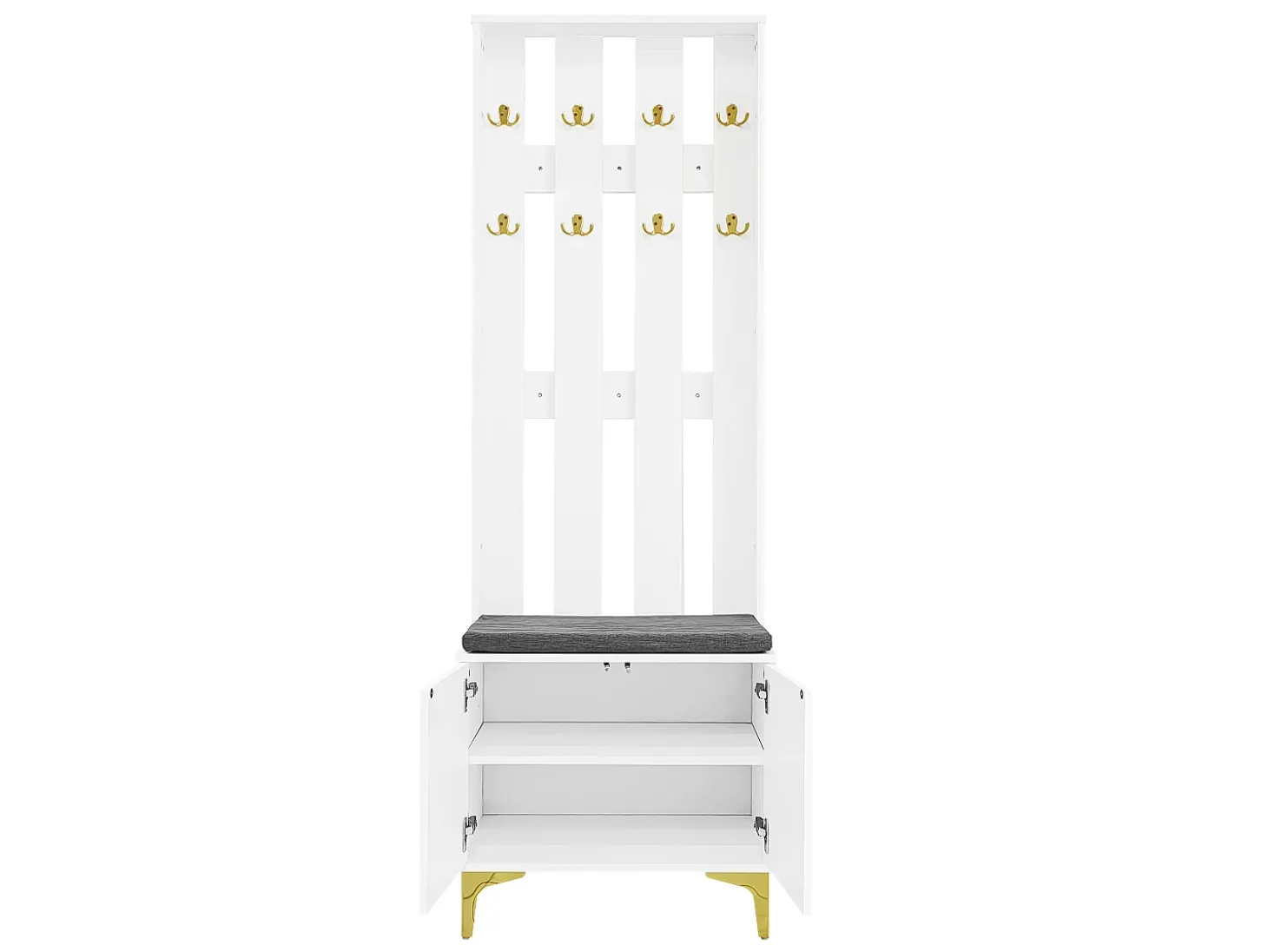 Roupeiro branco com 2 portas, sapateira e almofada, ganchos, pés dourados 60,5x35,2x180,5cm